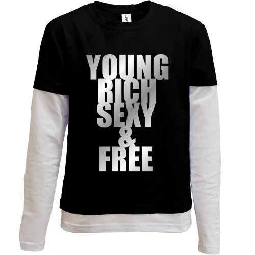 Комбинированный детский лонгслив, черный, Young, rich, sexy and free