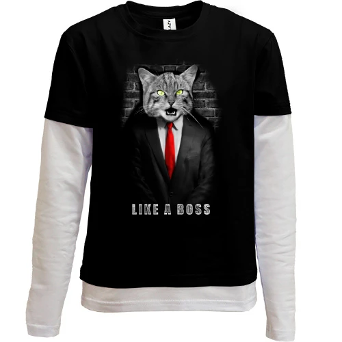 Комбінований дитячий лонгслів, чорний, з котом в піджаку "Like a Boss"