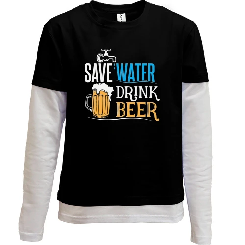Комбінований дитячий лонгслів, чорний, Save Water - Drink Beer