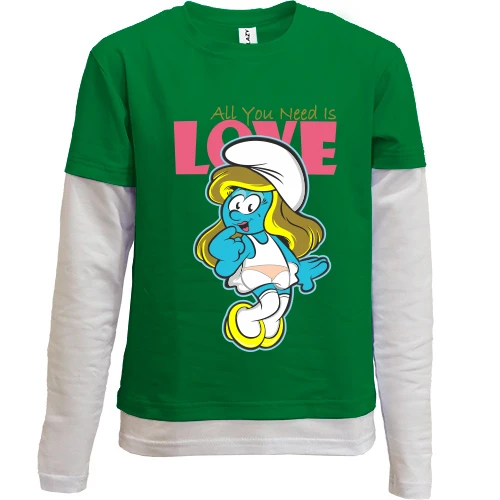 Комбинированный детский лонгслив, Зеленый, со Смурфиком All you need is love
