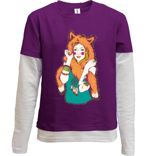 Комбинированный детский лонгслив, фиолетовый, с девушкой лисичкой