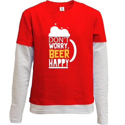 Комбінований дитячий лонгслів, червоний, Don`t Worry, Beer Happy