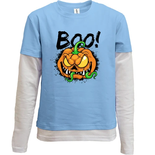 Комбинированный детский лонгслив, желтый, со злой тыквой и надписью BOO