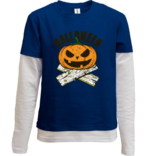 Комбинированный детский лонгслив, синий, с тыквой Halloween