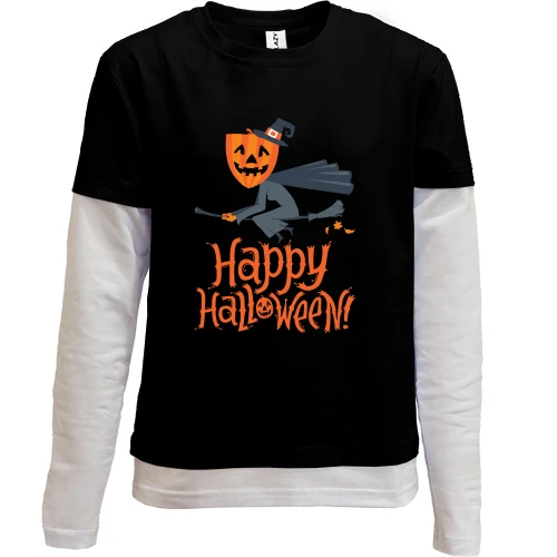 Комбинированный детский лонгслив, черный, Halloween с ведьмой на метле