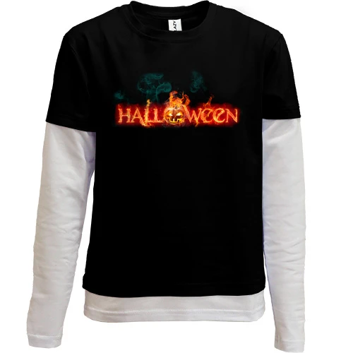 Комбинированный детский лонгслив, черный, с огненной надписью Halloween
