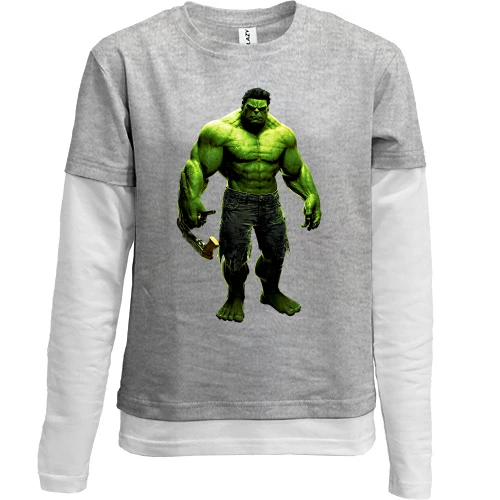 Комбинированный детский лонгслив, серый, с Халком (Hulk)