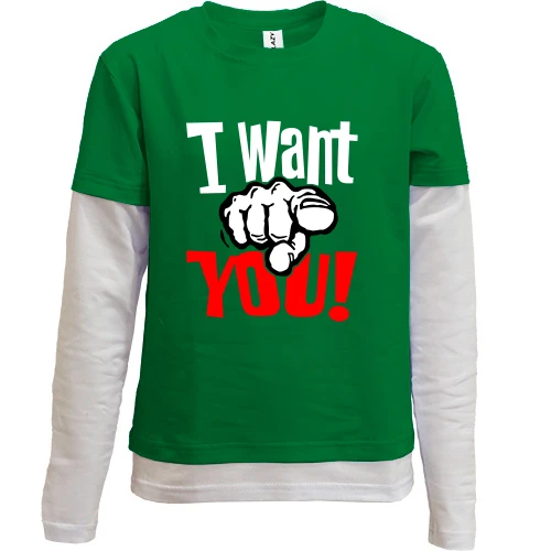 Комбинированный детский лонгслив, зеленый, с надписью I want you