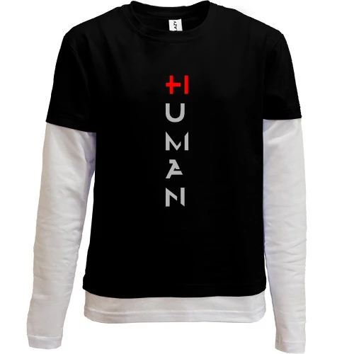 Комбинированный детский лонгслив, черный, HI HUMAN с красным плюсом