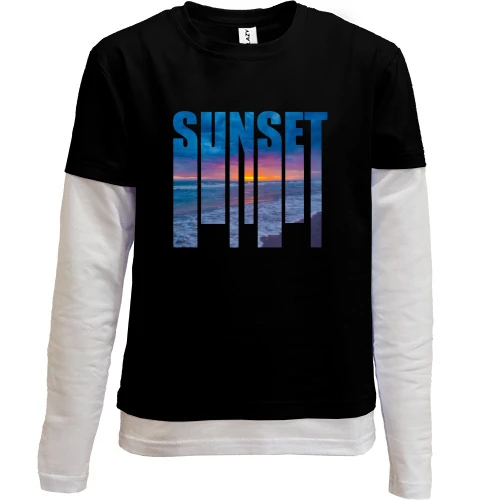 Комбинированный детский лонгслив, черный, SUNSET с закатом внутри букв