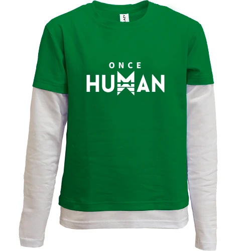 Комбинированный детский лонгслив, зеленый, Once Human с белой эмблемой