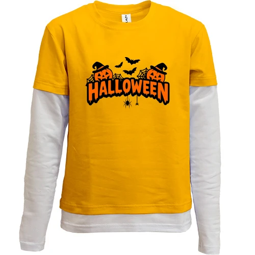 Комбинированный детский лонгслив, желтый, Надпись Halloween с тыквами