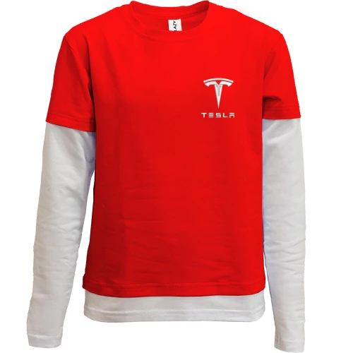 Комбінований дитячий лонгслів, червоний, Tesla — вишитий логотип