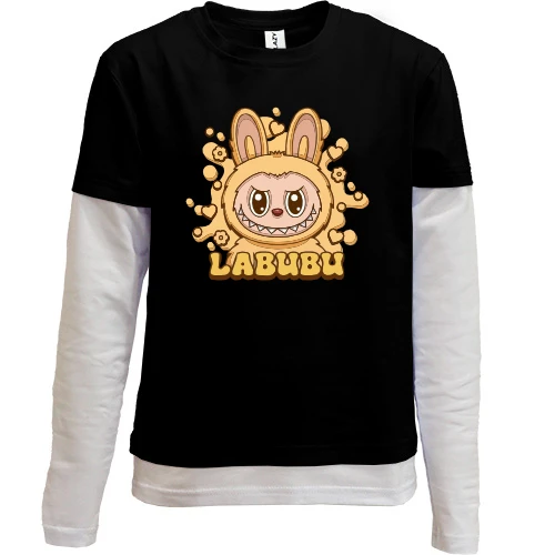 Комбинированный детский лонгслив, черный, Labubu желтый