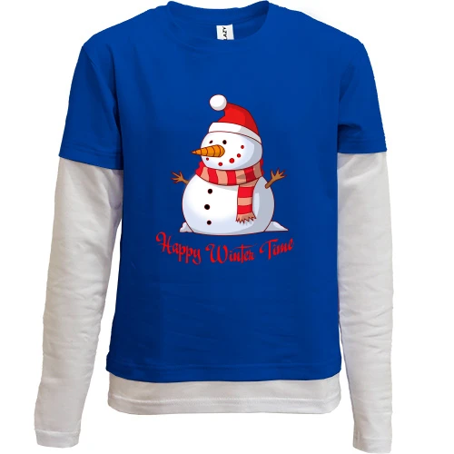 Комбинированный детский лонгслив, синий, Happy winter time