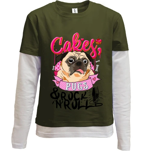 Комбінований дитячий лонгслів, Чорний, Cakes Pugs & Rock`n`Roll