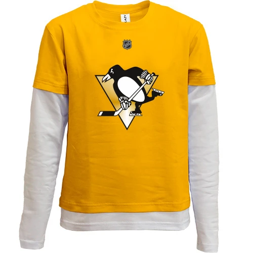 Комбинированный детский лонгслив, желтый, Pittsburgh Penguins с пингвином и золотым треугольником