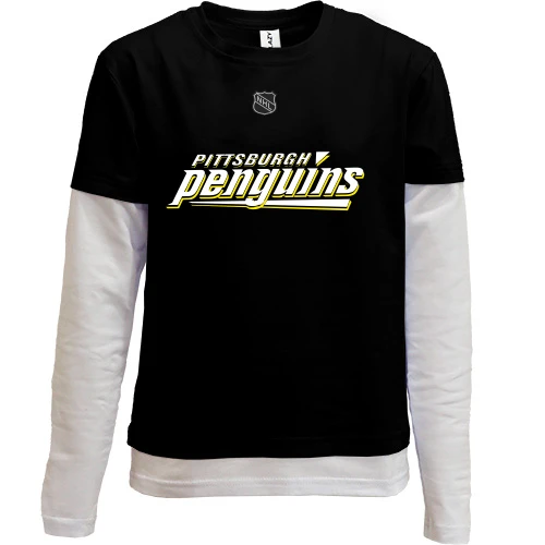 Комбинированный детский лонгслив, черный, Pittsburgh Penguins с крупной надписью и логотипом NHL