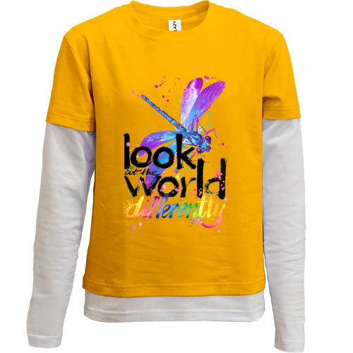 Комбинированный детский лонгслив, желтый, с стрекозой "Look at the world differentty"