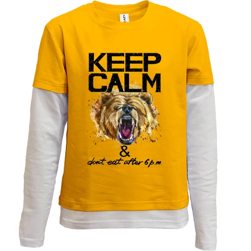 Комбинированный детский лонгслив, желтый, с медведем Keep calm & dont eat after 6 pm