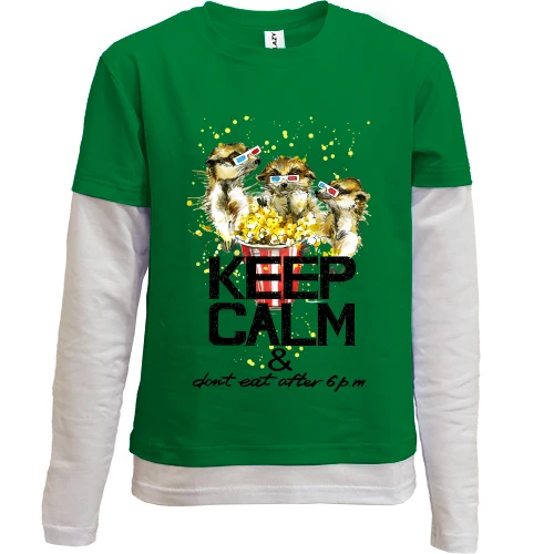 Комбинированный детский лонгслив, зеленый, с сусликами и попкорном Keep calm & dont eat after 6 pm