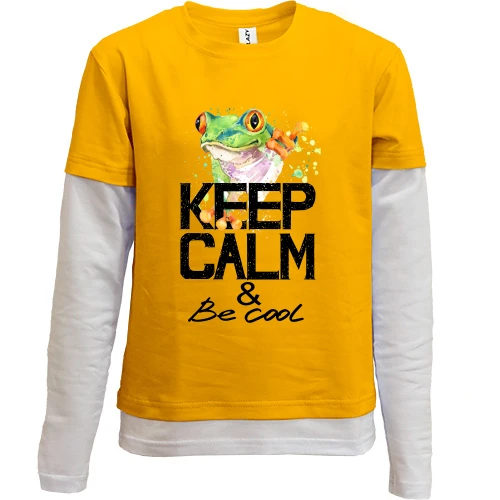 Комбинированный детский лонгслив, желтый, с лягушкой Keep calm & be cool
