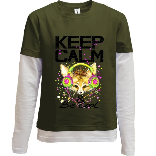 Комбинированный детский лонгслив, черный, с лисой Keep calm & be cool