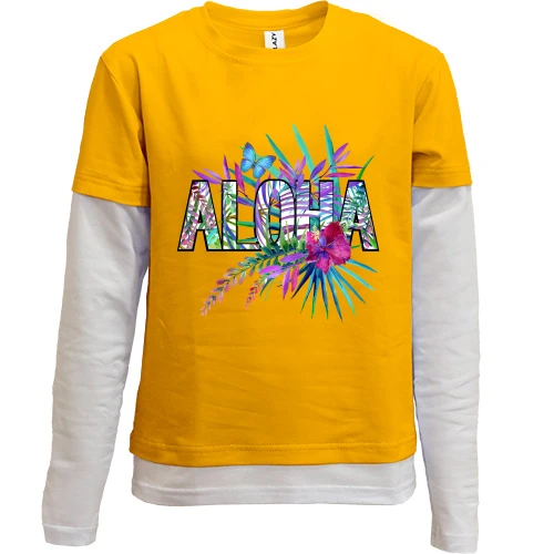 Комбинированный детский лонгслив, желтый, с надписью ALOHA, гибискусом и бабочкой