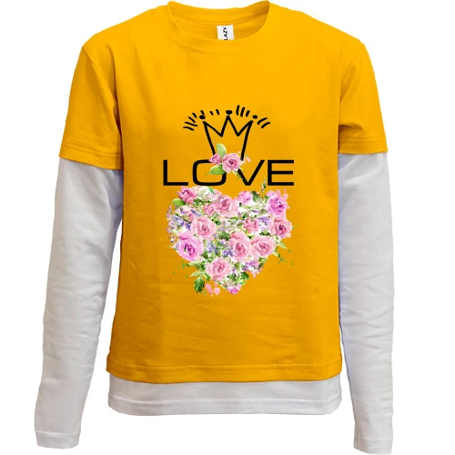 Комбинированный детский лонгслив, желтый, с сердцем из роз "love"