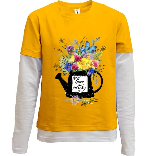 Комбинированный детский лонгслив, желтый, с букетом "have a nice day"