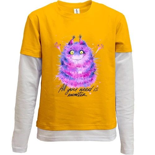 Комбінований дитячий лонгслів, Жовтий, з монстром "all you need is monster" (2)