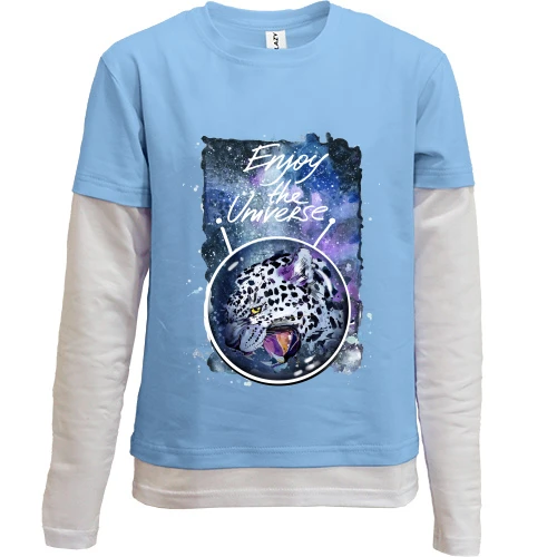 Комбинированный детский лонгслив, синий, c леопардом "Enjoy the universe"