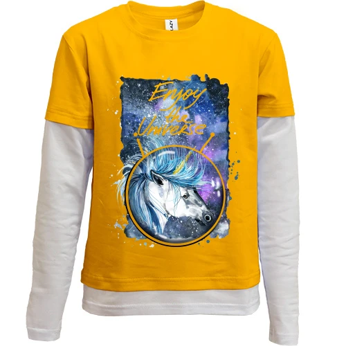 Комбинированный детский лонгслив, желтый, c единорогом "Enjoy the universe"
