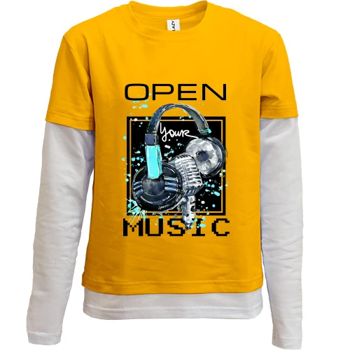 Комбинированный детский лонгслив, желтый, с принтом «Open your music»
