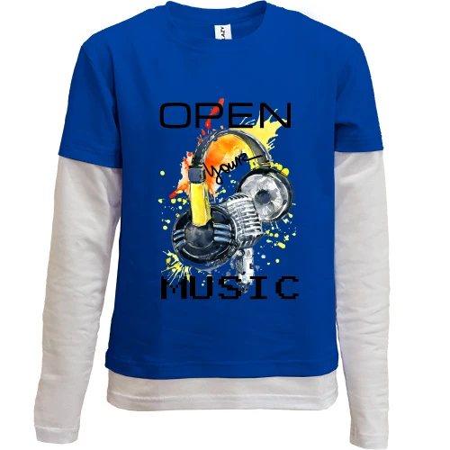 Комбинированный детский лонгслив, синий, с акварельным принтом «Open your music»