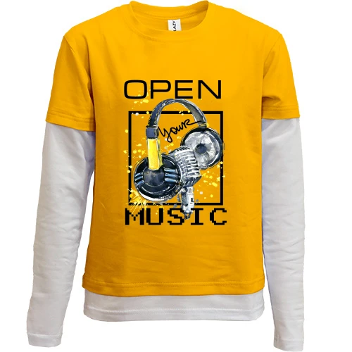 Комбінований дитячий лонгслів з жовтим принтом «Open your music»