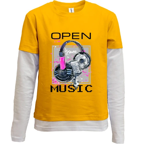 Комбинированный детский лонгслив, желтый, с розовым принтом «Open your music»