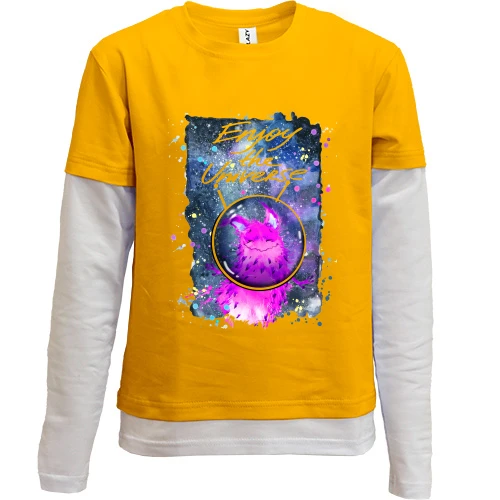 Комбинированный детский лонгслив, желтый, с розовым монстром "enjoy the universe"