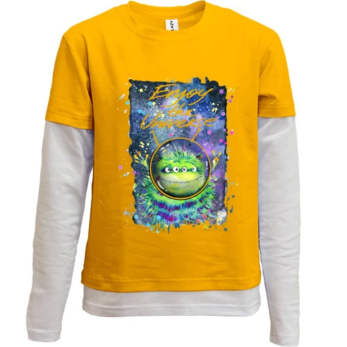 Комбинированный детский лонгслив, желтый, с зелёным монстром "enjoy the universe"
