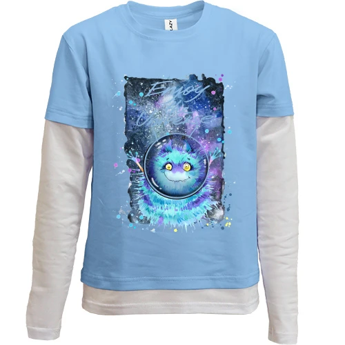 Комбинированный детский лонгслив, синий, с голубым монстром "enjoy the universe"