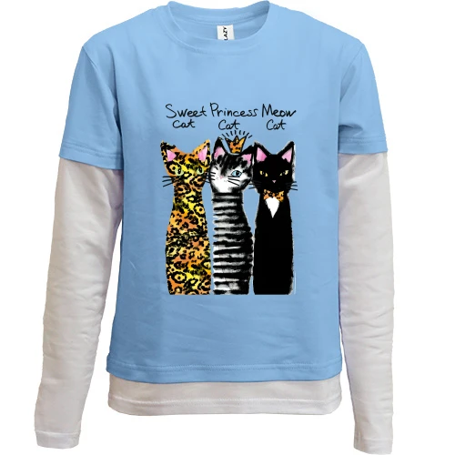 Комбинированный детский лонгслив, синий, с тремя котами "sweet, princess, meow"