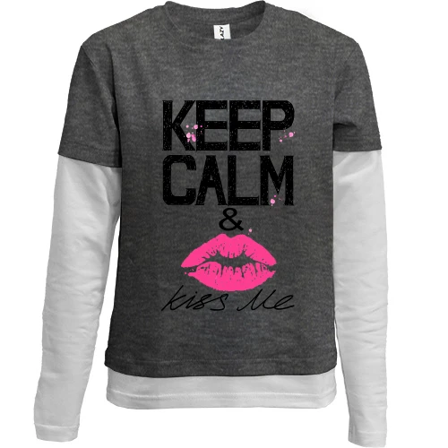 Комбинированный детский лонгслив, серый, Keep calm & kiss me