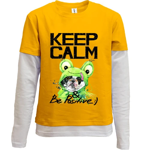 Комбинированный детский лонгслив, Синий, с Бостон-терьером "Ceep calm & be positive"