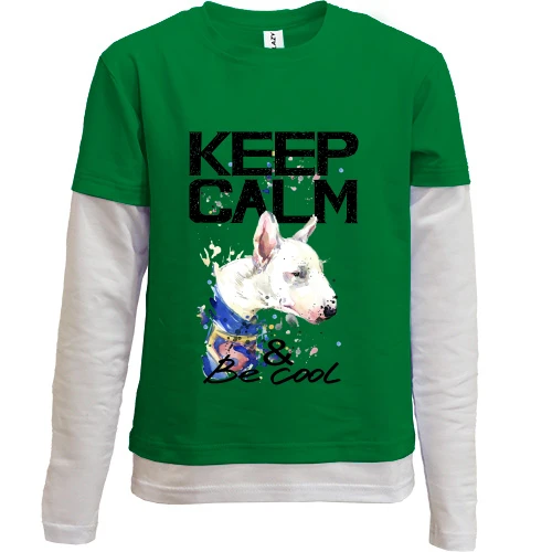 Комбинированный детский лонгслив, зеленый, з бультерьером Ceep calm and be cool