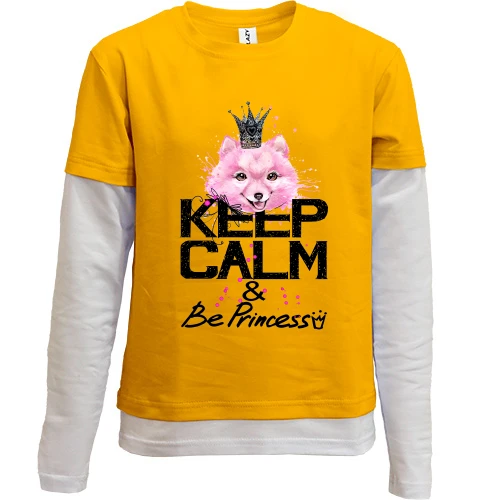 Комбинированный детский лонгслив, желтый, с собачкой Шпиц "keep calm & be princess"