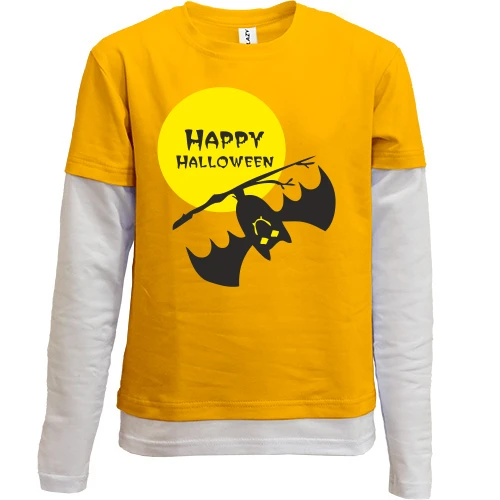 Комбинированный детский лонгслив, желтый, Happy Halloween с летучей мышью