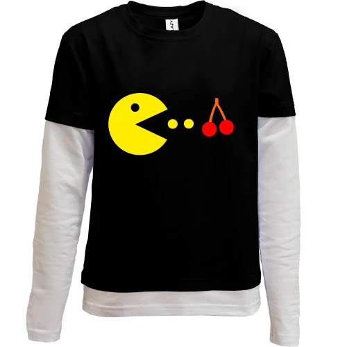 Комбинированный детский лонгслив, черный, Pacman с вишней