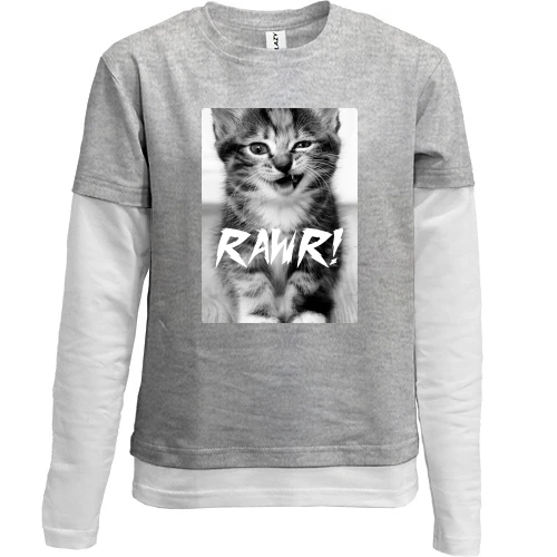 Комбинированный детский лонгслив, серый, Rawr кот