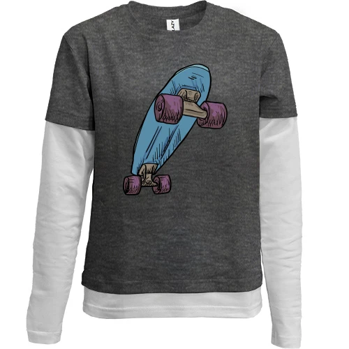 Комбинированный детский лонгслив, черный, со скейтбордом на дыбах