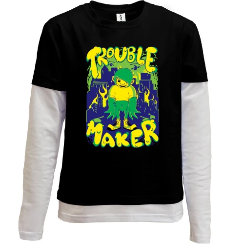 Комбинированный детский лонгслив, черный, Trouble Maker с монстром